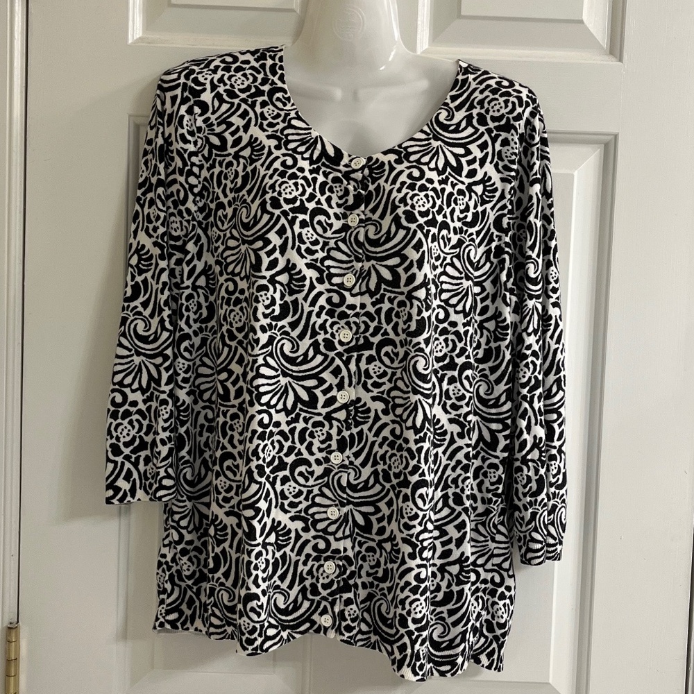 Talbots Black and White Print Fine Knit Sweater with 3/4 Sleeves in Size 1X